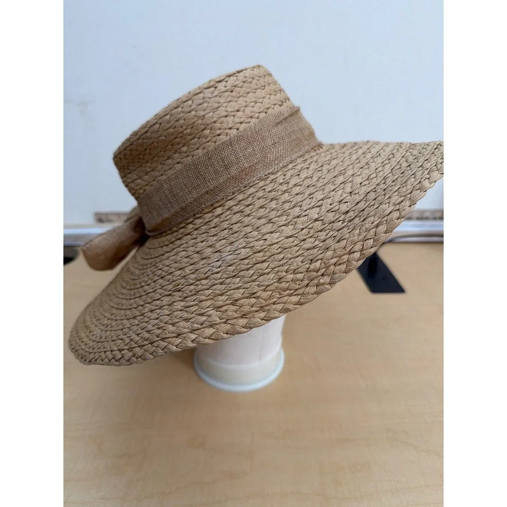 Woven Paper Straw Wide Brim Sun Hat with Burlap Bow Accent Tan Summer Beach Hat